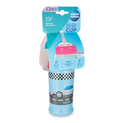 Canpol babies Sportovní láhev se silikonovou nevylévací slámkou AUTA 350 ml tmavě modrá