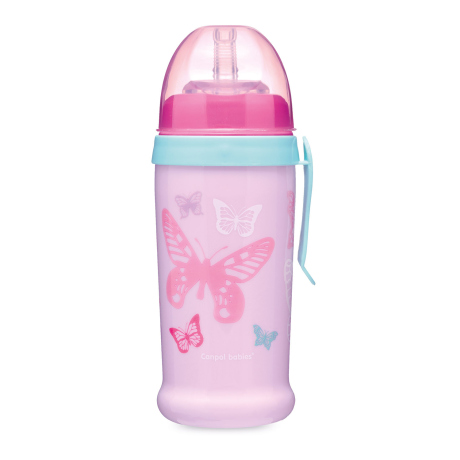 Canpol babies Sportovní láhev se silikonovou nevylévací slámkou MOTÝLEK 350 ml růžová