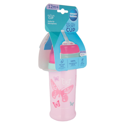 Canpol babies Sportovní láhev se silikonovou nevylévací slámkou MOTÝLEK 350 ml růžová
