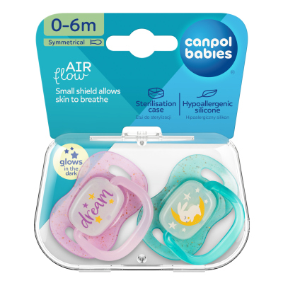Canpol babies Dudlík svítící silikonový symetrický NIGHTGLOW 0-6m 2ks holka