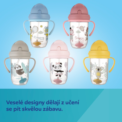 canpol babies Nevylévací hrneček se slámkou a závažím EXOTIC ANIMALS 270ml šedý