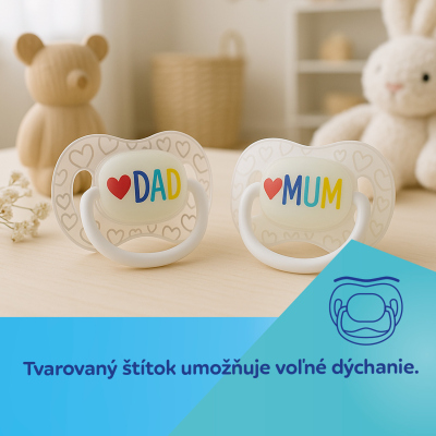 Canpol babies Cumlík svietiaci  silikónový symetrický LOVE MUM&DAD 0-6m 2ks